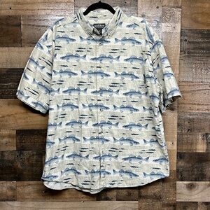 Woolrich Short Sleeve Button‎ Up Shirt Curry Fish & Dragonfly Men's Size XL